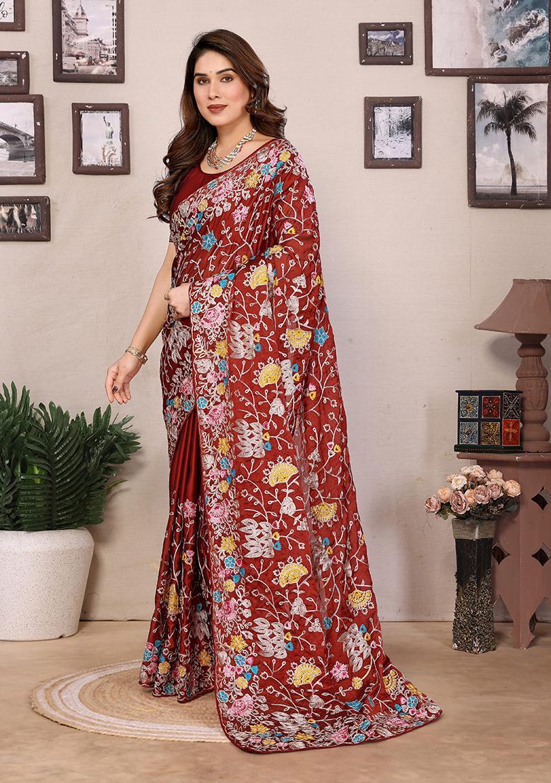 Maroon Embroidered Silk Saree set