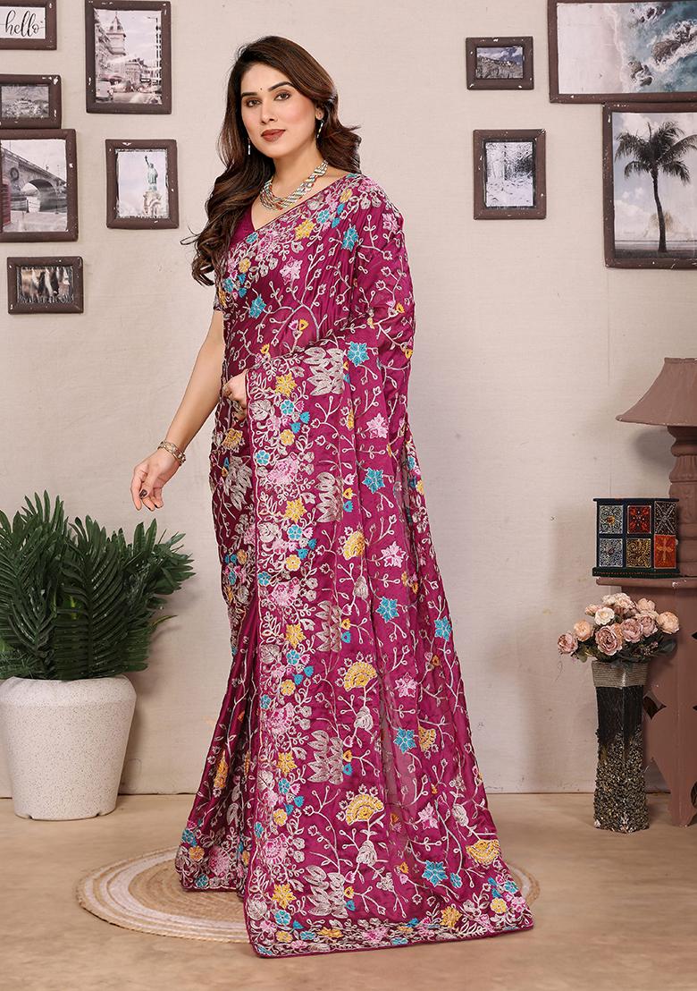 Rani Pink Embroidered Silk Saree set
