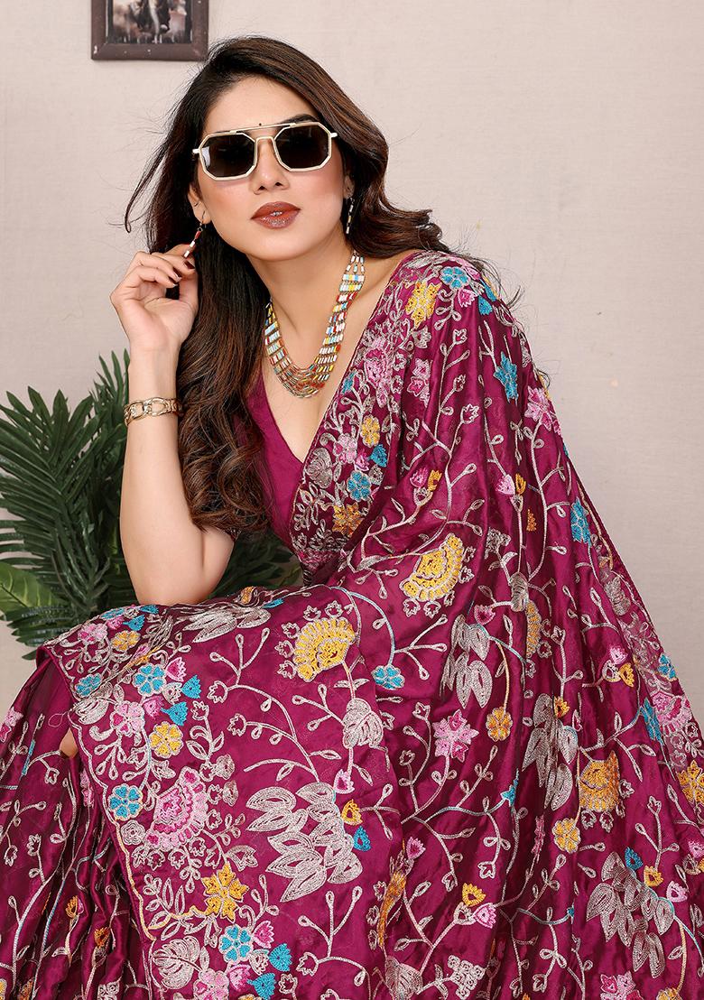 Rani Pink Embroidered Silk Saree set