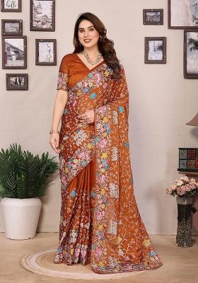 Orange Embroidered Silk Saree set
