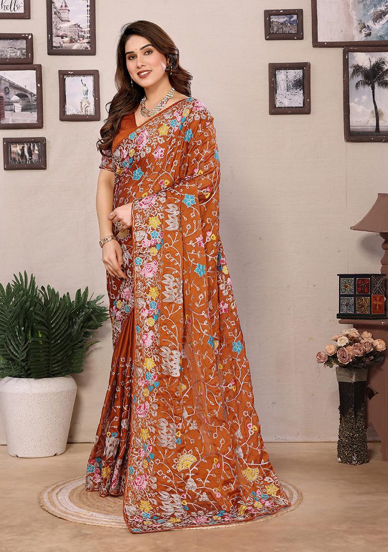 Orange Embroidered Silk Saree set