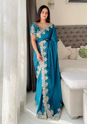 Sky Blue Embroidered Chinon Saree set