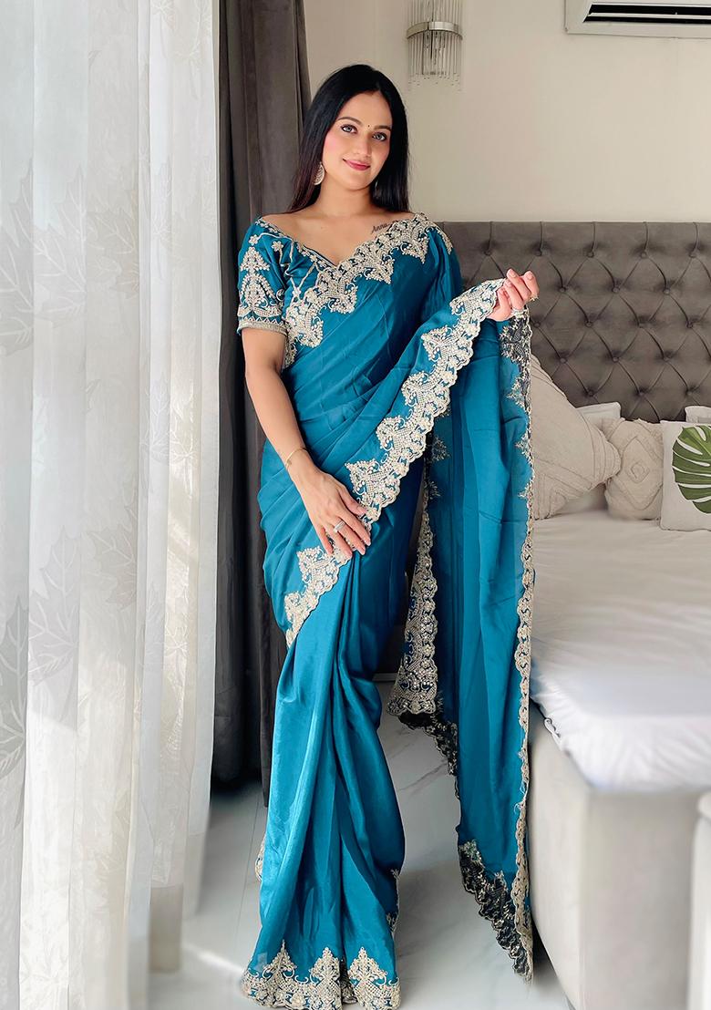 Sky Blue Embroidered Chinon Saree set
