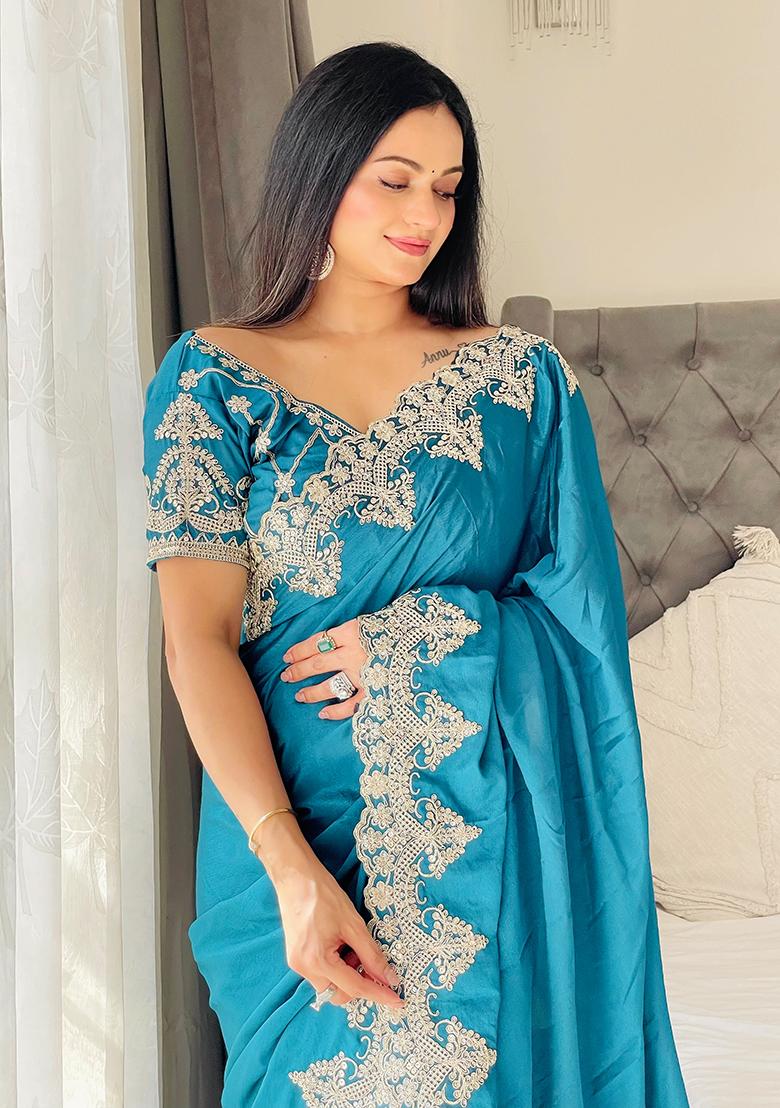 Sky Blue Embroidered Chinon Saree set