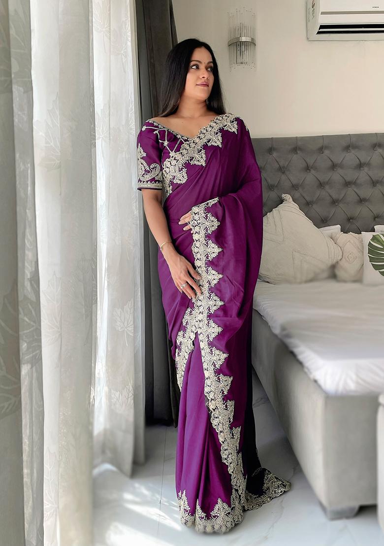 Purple Embroidered Chinon Saree set