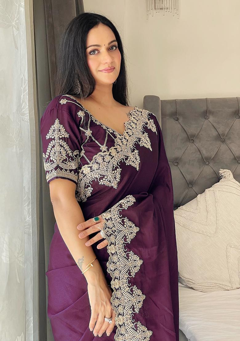 Purple Embroidered Chinon Saree set