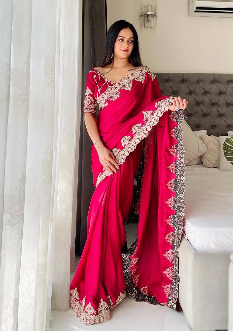 Pink Embroidered Chinon Saree set