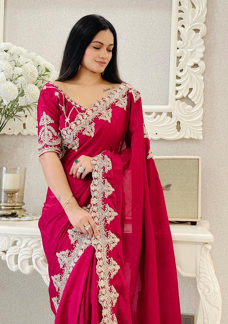 Pink Embroidered Chinon Saree set