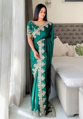 Green Embroidered Chinon Saree set