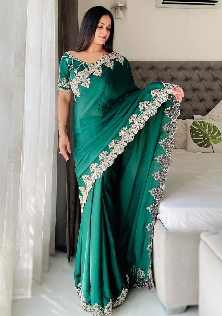 Green Embroidered Chinon Saree set