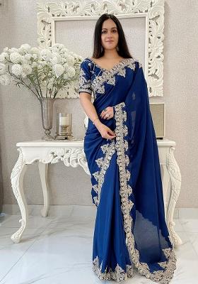 Navy Blue Embroidered Chinon Saree set