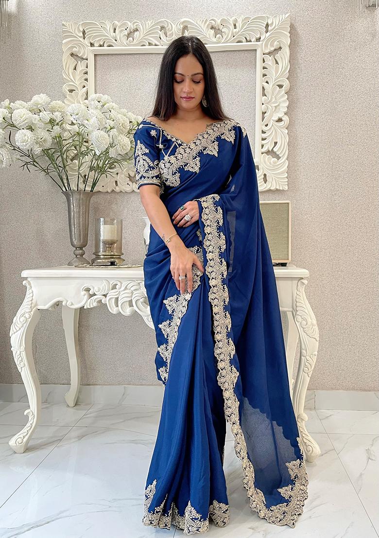 Navy Blue Embroidered Chinon Saree set