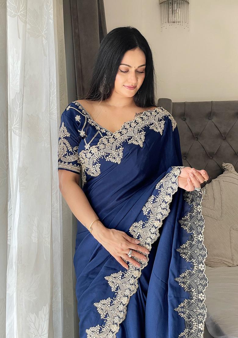 Navy Blue Embroidered Chinon Saree set