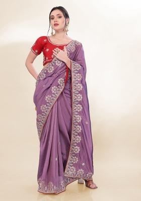 Purple Sequin Embroidered Silk Saree set