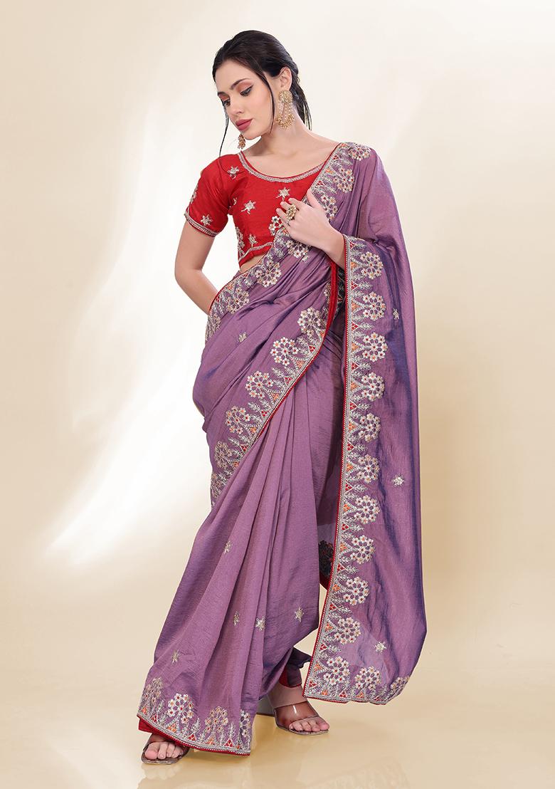 Purple Sequin Embroidered Silk Saree set