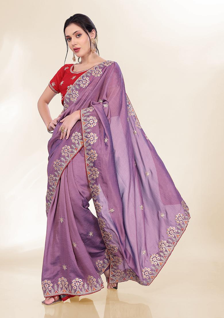 Purple Sequin Embroidered Silk Saree set