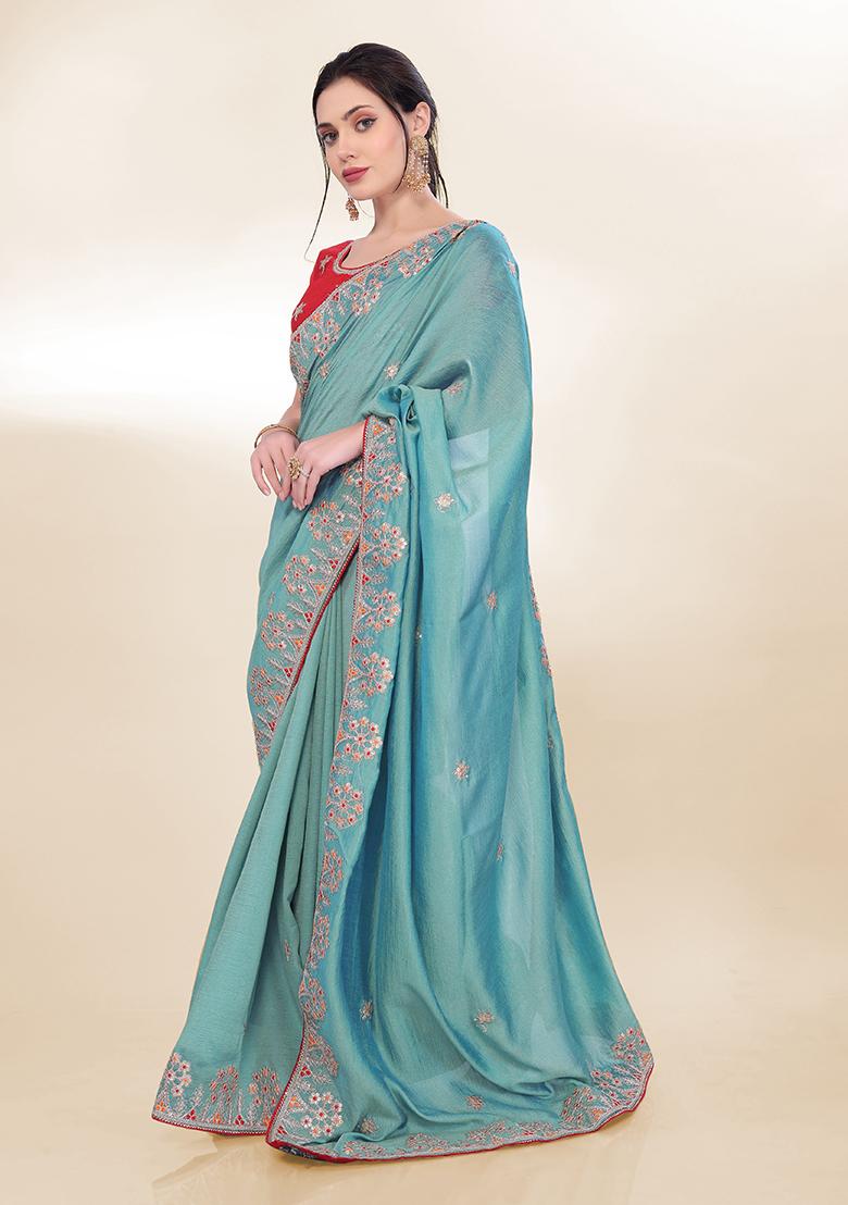 Sky Blue Sequin Embroidered Silk Saree set