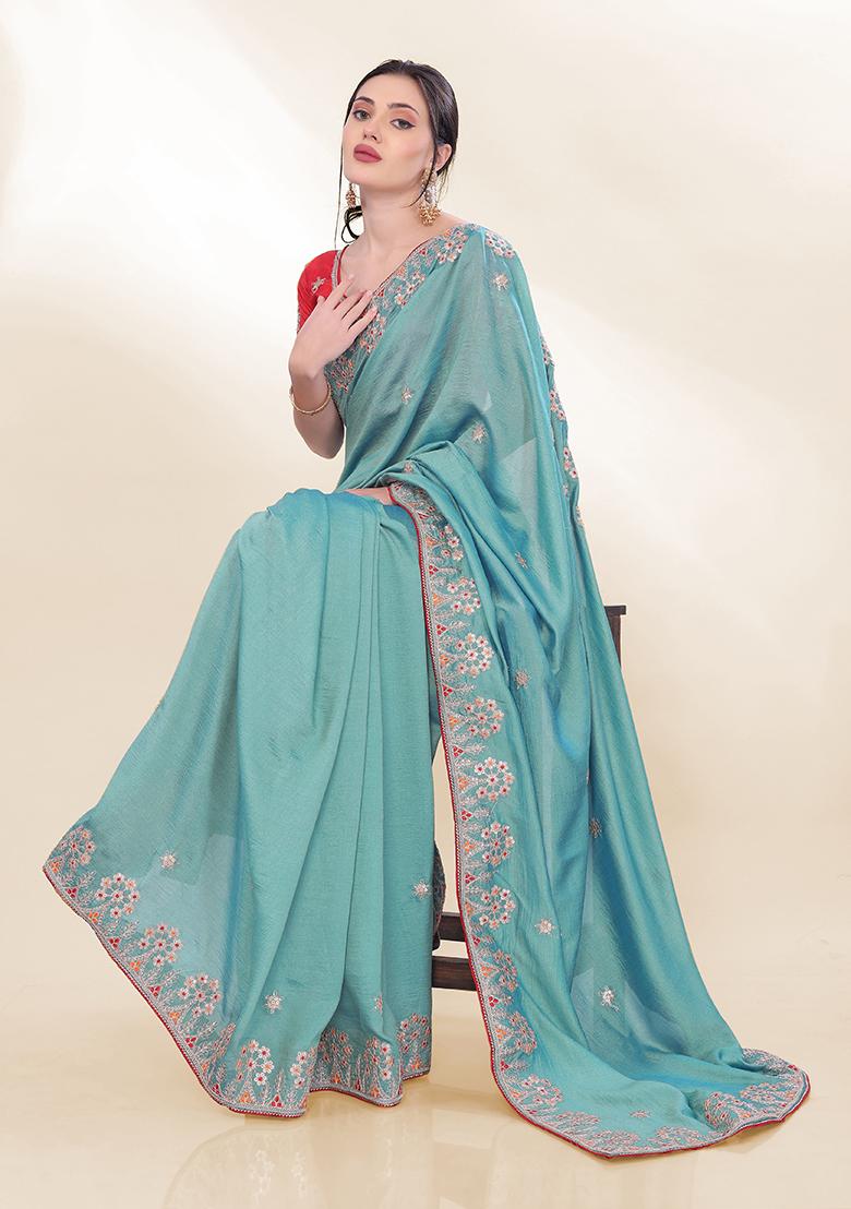 Sky Blue Sequin Embroidered Silk Saree set