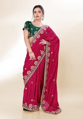 Rani Pink Sequin Embroidered Silk Saree set
