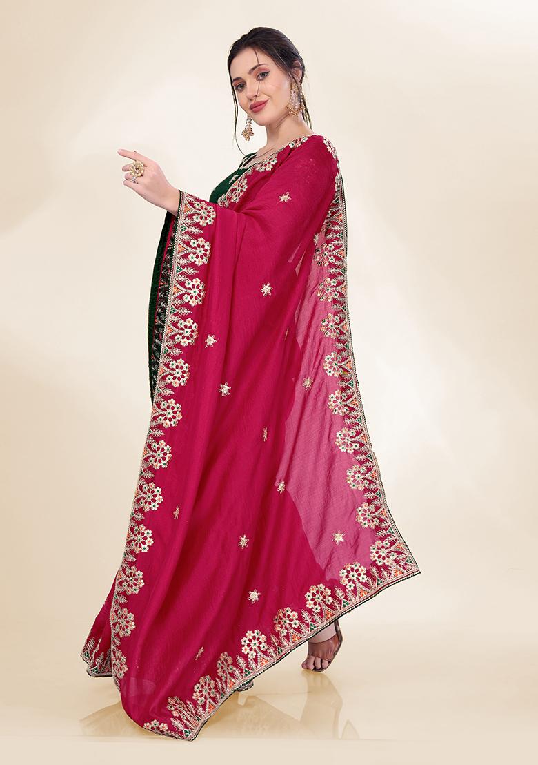 Rani Pink Sequin Embroidered Silk Saree set