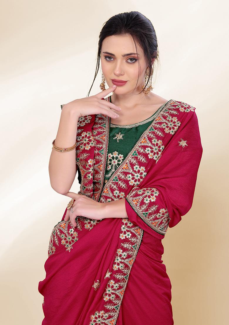 Rani Pink Sequin Embroidered Silk Saree set