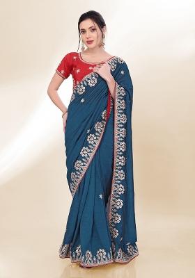 Navy Blue Sequin Embroidered Silk Saree set
