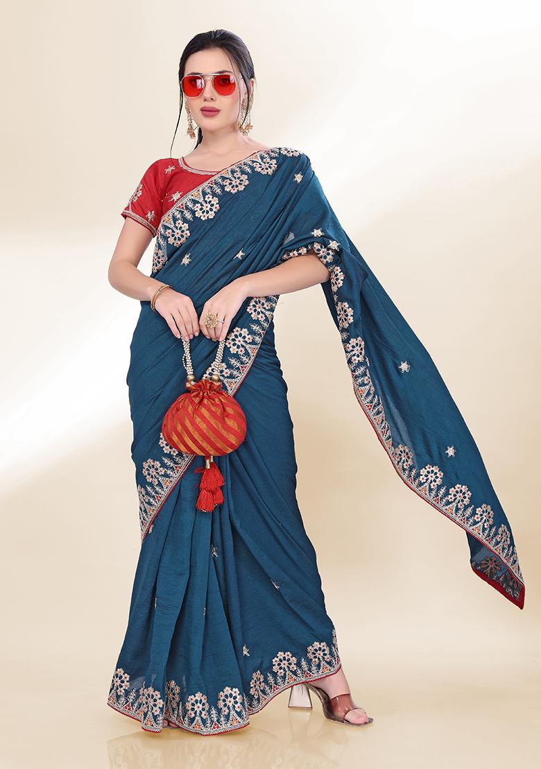 Navy Blue Sequin Embroidered Silk Saree set