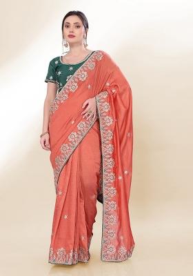 Orange Sequin Embroidered Silk Saree set