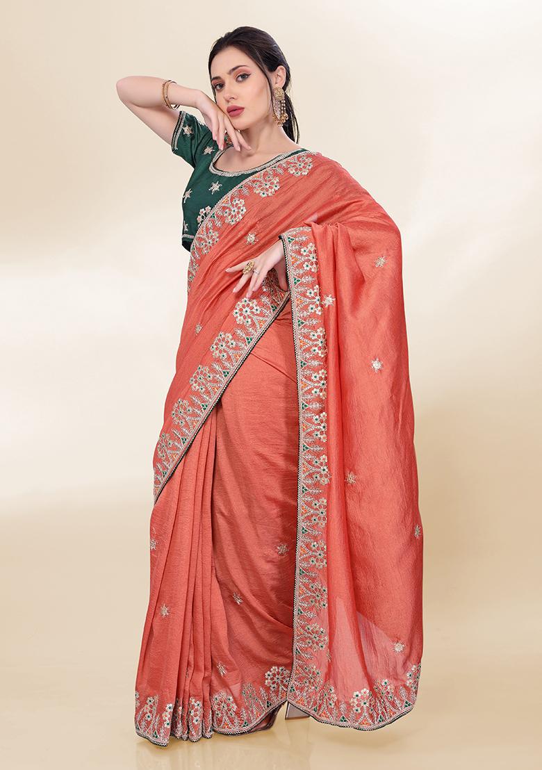 Orange Sequin Embroidered Silk Saree set
