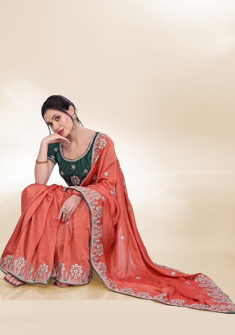 Orange Sequin Embroidered Silk Saree set