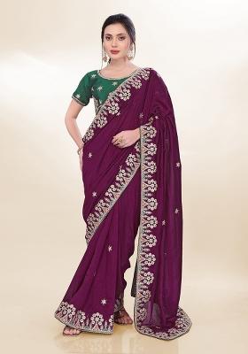 Wine Sequin Embroidered Silk Saree set