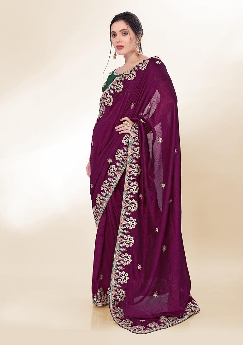Wine Sequin Embroidered Silk Saree set