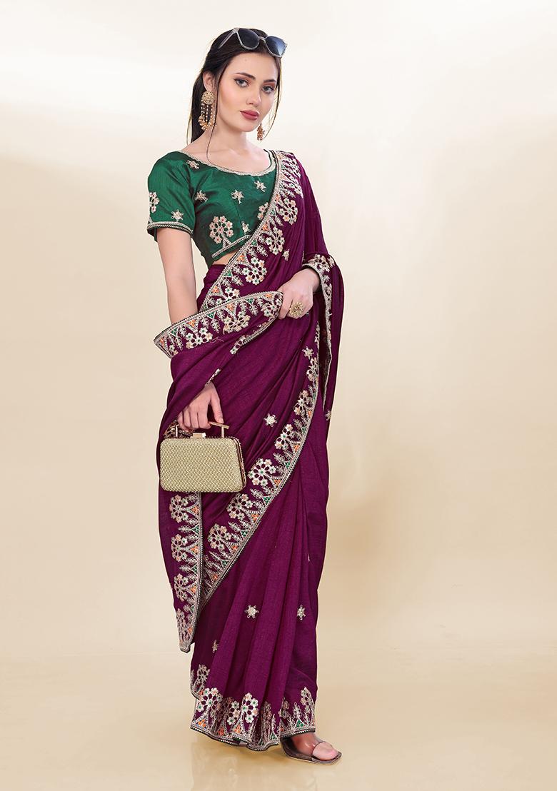 Wine Sequin Embroidered Silk Saree set
