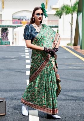 Teal Blue Digital Print Silk Saree set