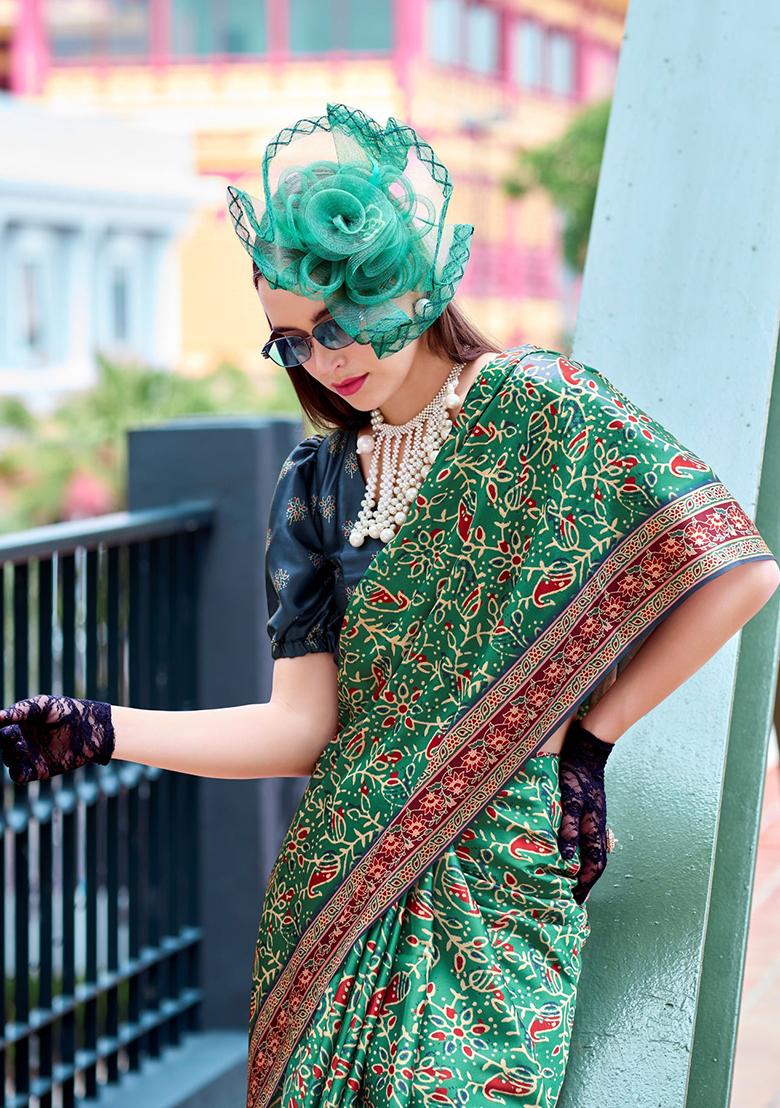 Teal Blue Digital Print Silk Saree set