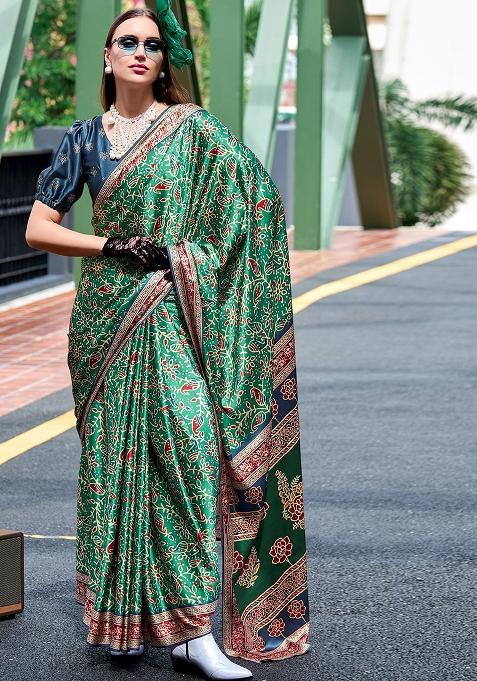 Teal Blue Digital Print Silk Saree set