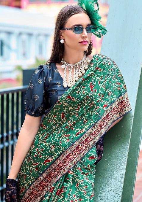 Teal Blue Digital Print Silk Saree set