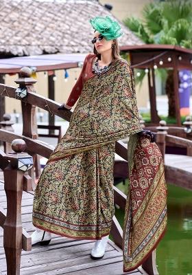 Maroon Digital Print Silk Saree set