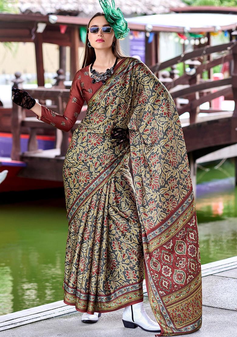Maroon Digital Print Silk Saree set