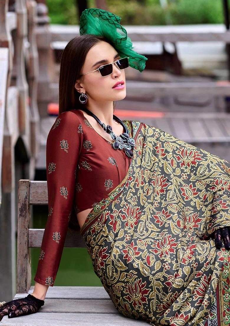 Maroon Digital Print Silk Saree set