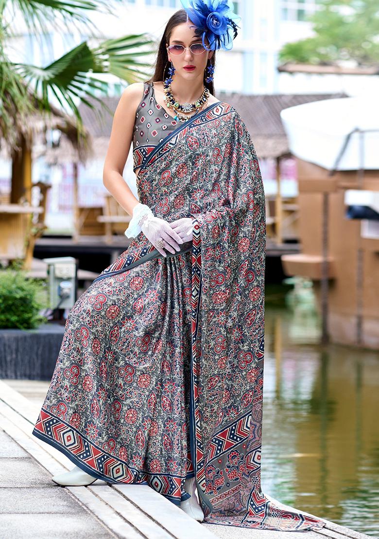 Grey Digital Print Silk Saree set