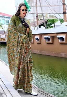 Mehendi Green Digital Print Silk Saree set