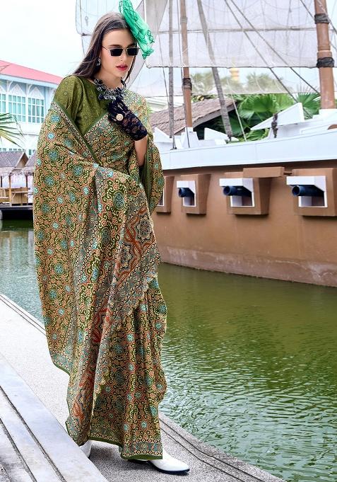 Mehendi Green Digital Print Silk Saree set