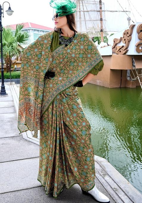 Mehendi Green Digital Print Silk Saree set