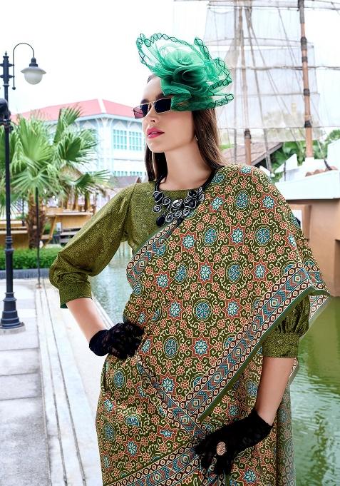 Mehendi Green Digital Print Silk Saree set