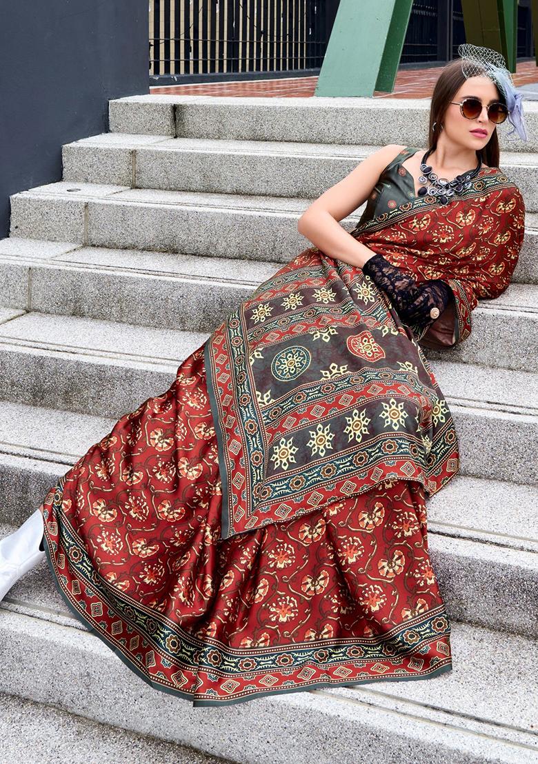 Dark Grey Digital Print Silk Saree set