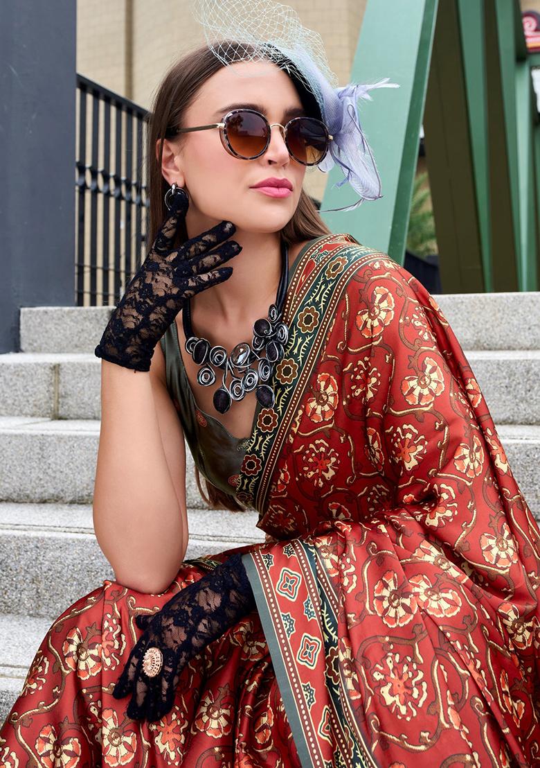 Dark Grey Digital Print Silk Saree set