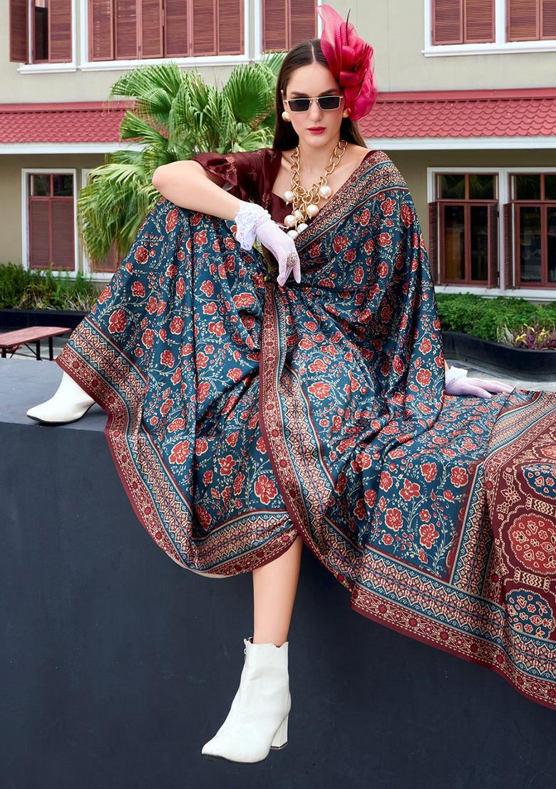 Maroon Digital Print Silk Saree set