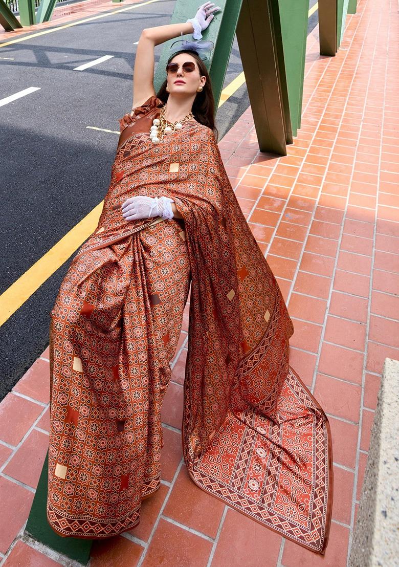 Red Digital Print Silk Saree set
