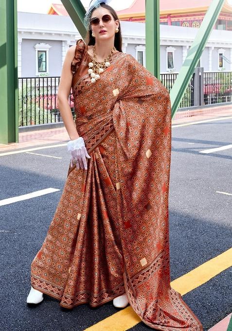 Red Digital Print Silk Saree set